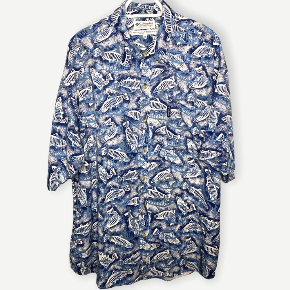Vintage Columbia Logo Fish Print Button Down Shirt Blue White